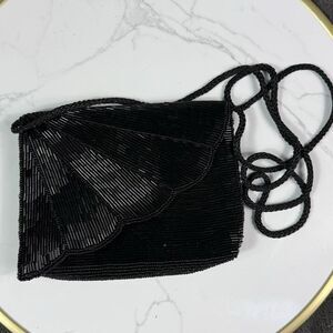 Magic Black Beaded Shell Front Flap Small Evening Shoulder Handbag Purse Party